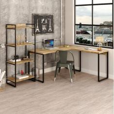 Conjunto Home Office Industrial 2 Peças 1 Escrivaninha em L e 1 Estante 4 Prateleiras Kuadra Compace Carvalho