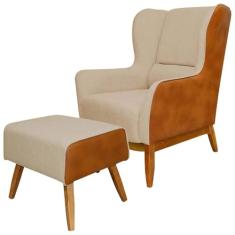 Poltrona Decorativa Base Madeira Milena e Puff Viseo C-129 Linho Bege - Domi