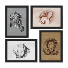 Quadros Animais Safari África Moldura Preta 33x43cm 4un - Quartinhos