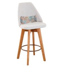 Banqueta Com Encosto Linho Bege E Almofada Folhas