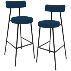 Kit 2 Banquetas Alta Milão L02 Assento Tecido Estrutura Aço Encosto Moderno Azul para Cozinha Bar