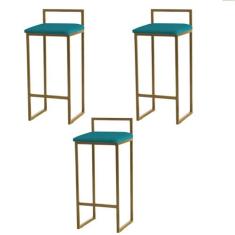 Kit 3 Banquetas Altas Estofadas Suede Pietra Base Dourada - JOTABE, az