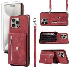 Asuwish Capa de celular para iPhone 15 Pro 6,1 polegadas e protetor de tela de vidro temperado com alça transversal de pulso suporte para cartão iPhone15Pro 5G i i-Phone i15 iPhone15 15Pro feminino