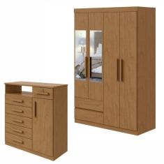 Conjunto de Guarda-Roupa 4 Portas com Espelho Zeus e Cômoda Da Vinci Amêndoa Clean