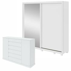 Conjunto de Guarda-Roupa 2 Portas 4 Gavetas 100% MDF Nix com Espelho e com Pés e Cômoda Vedra  Branco