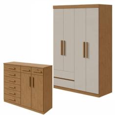 Conjunto de Guarda-Roupa 4 Portas 2 Gavetas Zeus e Cômoda 8 Gavetas 2 Portas Toronto  Amêndoa Clean/Off White