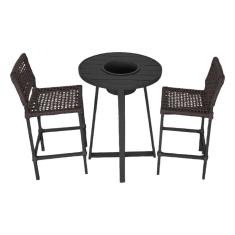 Conjunto Bistrô Champanheira Tampo Ripado e 2 Banquetas França Corda Náutica Marrom