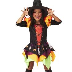 Fantasia Bruxinha Infantil Vestido Halloween Bruxa C/ Meias