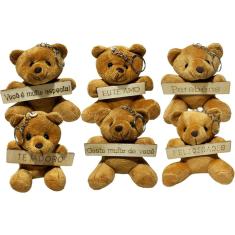 Kit 6 Mini Urso De Pelucia Chaveiro Marrom Plaquinha Frases Cesta Lembrancinha - 10cm