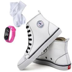 Kit Tênis Casual Feminino Cano Médio Liso + Relógio + Meia - Polo Blu,