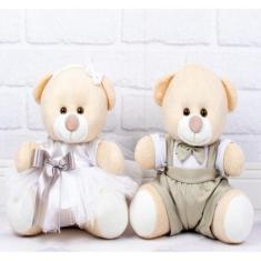 Casal de ursos pelucia pajem caqui, daminha branca - detalhes caqui.  