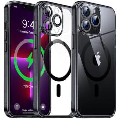 Flyzoo Capa transparente híbrida magnética para iPhone 13 Pro Max - [compatível com MagSafe] [Protetor de câmera embutido] [Não amarela] Capa de telefone rígida transparente traseira de silicone com