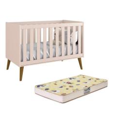 Berço Mini Cama Theo Retrô Rosa Fosco com Pés Amadeirado e Colchão D18