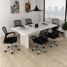 Kit 7 Peças com Uma Mesa de Reunião e 6 Cadeiras de Escritório Tela Mesh Espresso Móveis Branco/Preto