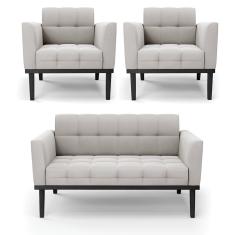 Sofá Namoradeira e 2 Poltronas Base de Madeira Preto Elisa Veludo Cinza D03 - D'Rossi