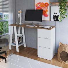 Mesa Escrivaninha Cavalete com Gavetas 3 Gavetas 135cm Mel E Branco - 