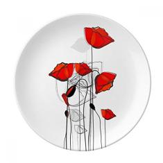 Pintura de linha de arte abstrata de flores vermelhas Prato de milho decorativo de porcelana Salver Prato de jantar