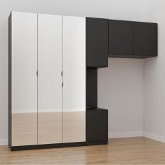 Guarda Roupa Modulado de Solteiro com Espelho e Mesa de Cabeceira Esquerda 7 Portas 3 Peças Hera Cab Preto/Preto