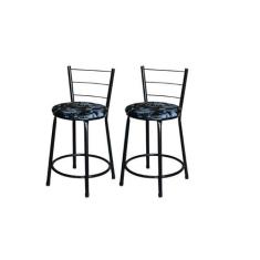 Jogo 2 Banqueta Baixa Para Cozinha Epoxi Preta Estofado Floral - Lamar