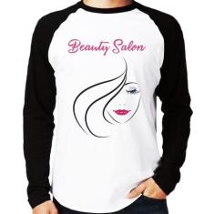 Camiseta Raglan Beauty Salon Manga Longa - Foca na Moda, Branco, Preto