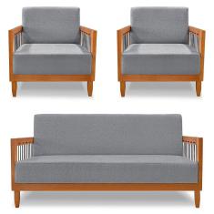 Kit 2 Poltronas e Sofá Living 2 Lugares Marilia 1,60m Linho Base em Madeira Castanho - Pallazio