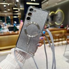 Capa crossbody com glitter para Samsung Galaxy S24 S23 S21 FE S22 Ultra Plus Capa magnética macia de TPU, prateada, para Samsung S23Ultra