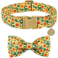 UP URARA PUP Coleira de cachorro de outono com gravata borboleta e flor, gravata borboleta de algodão e coleira de cachorro de flor para meninos ou meninas, coleira fofa e confortável para animais de estimação com fivela de metal