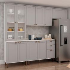 Cozinha Modulada com Cristaleira com Tampo Impermeável 100% Mdf Iluminata Branco/Cinza