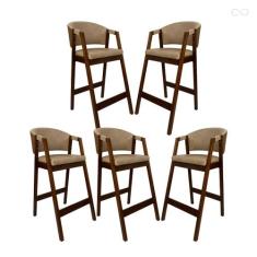 Kit 5 Banquetas Alta com Encosto Ravena Madeira Maciça Maciça Capuccin