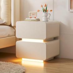 Mesa de cabeceira moderna com luz LED pequena mesa lateral mesa lateral com 2 gavetas, mesa lateral para quarto, escritório, dormitório, mesa de canto rústica fácil de montar, sólida e estável,