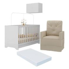 Berço 3 em 1 com Colchão Poltrona e Armário Aéreo 2 Portas Multimóveis Mp4165 Branco/bege