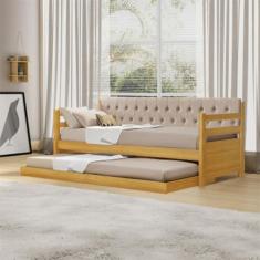 Sofá Cama Solteiro Verona Imbuia Estofado Capitonê Veludo Bege com Cam