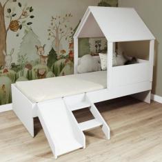 Cama Casinha Com Telhado Mdf E Escada/ Escorregador Branco M - Mobili 