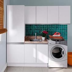 Kit Área De Serviço Madesa Acordes 100% MDF com Armário, Balcão e Torre - Portas Branco Brilhante