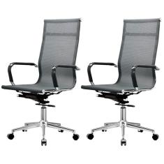 Kit 2 Cadeiras Giratória Office Sydney Presidente Fratini Tela Preta Base Aço Cromado