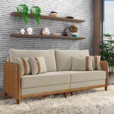 Sofá Living Montecarlo 3 Lugares Bipartido 232cm Pés em Madeira Veludo/PU Bege/Caramelo G33 - Gran Belo