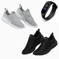 Kit 2 Tênis Masculino Corrida Esportiva Academia Caminhada Conforto Dia a Dia + Relógio-Masculino
