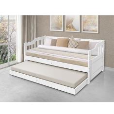 Sofa Cama Solteiro de Madeira com Cama Auxiliar + 2 Colchões - Branco