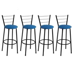 Kit 4 Banquetas Alta Preta com Encosto Assento Azul Jaddi