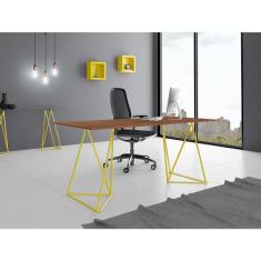 Escrivaninha Bela Vista Cavalete Tampo Imbuia Base Ferro Amarelo - NEW