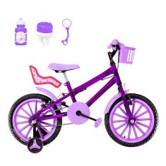 Bicicleta Infantil Feminina Aro 16 Nylon + Kit Passeio E Cadeirinha Cor Violeta E Lilás
