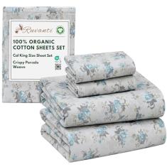 RUVANTI Lençóis 100% algodão orgânico California King, tecido percal, certificado GOTS, conjunto de 4 peças, bolso profundo de 33 cm, fresco e respirável, roupa de cama macia e durável, Sábanas