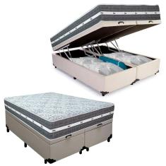 Cama Box Baú Casal Bipartido Sintético + Colchão Anjos Black Graphite Molas Ensacadas 138x188x64cm Branco