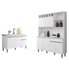 Balcão De Pia Tatiane 120 Cm E Armário Cozinha Kit Alice Branco Brilho