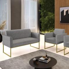 Sofá Namoradeira e 1 Poltrona Marisa Aço Industrial Dourado Linho D03 