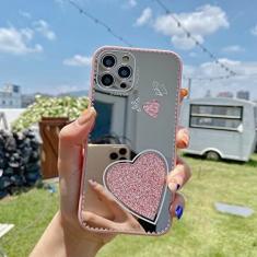 Capa de telefone de espelho de coração de amor de luxo para iphone 13 12 11 pro max xr xs max x 7 8 plus se 2020 borboleta bumper capa traseira, rosa, para iphone 8plus