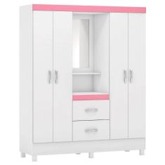 Guarda Roupa 4 Portas Com Pés E Espelho Lord Branco Rosa