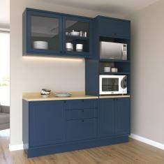 Cozinha Compacta Com Vidro 3 Peças 6 Portas 3 Gavetas Sevilha Azul Órion / Carvalho Marrom