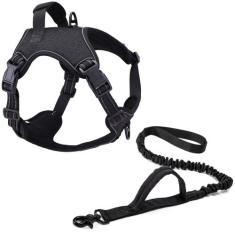 Coleira Peitoral Power + Guia Elástica Cachorro MADOG Preto, G