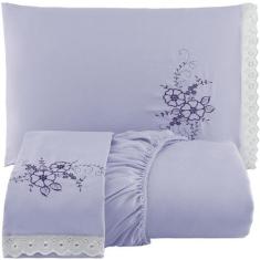 Jogo de Lençol Queen Cama Box Casal Bordado 03 Pçs - Tapetemalha Enxov